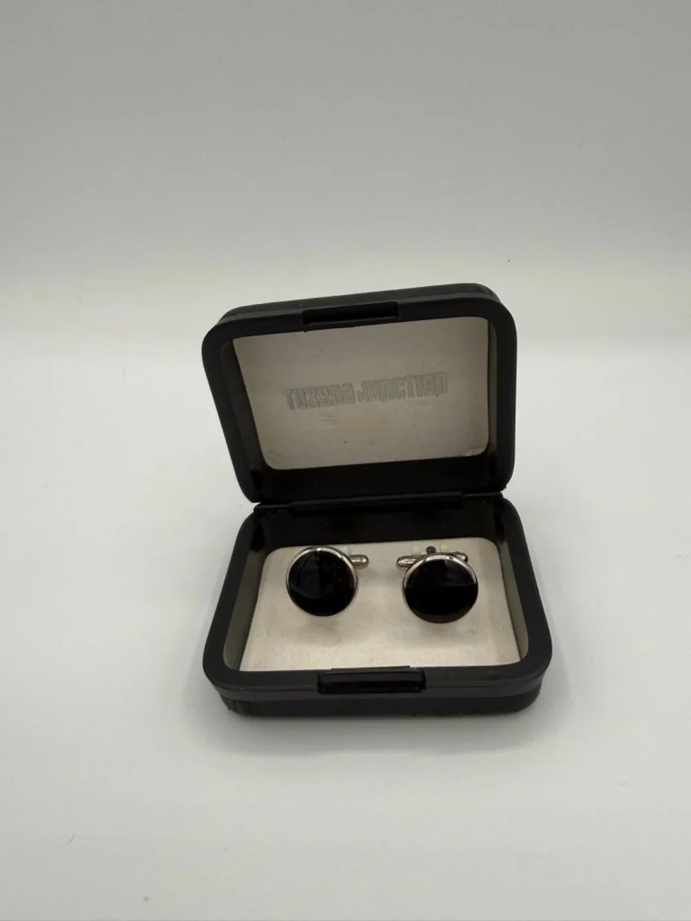 Tuxedo Junction Black Cufflinks Silver Tone Formal Wedding Accessories Gift Box